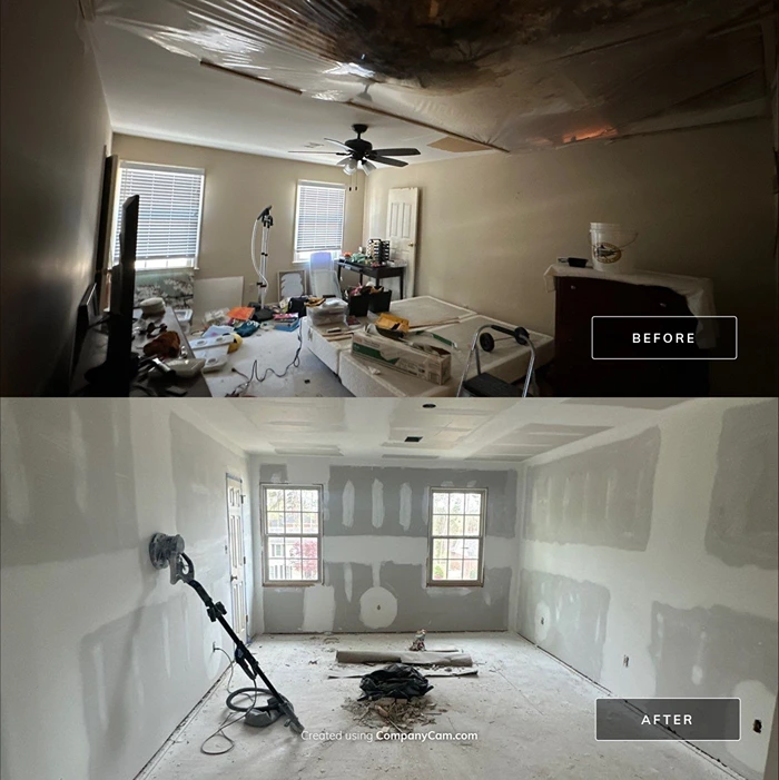 Before and after comparison of an interior room damaged by water intrusion, then fully rebuilt with new drywall
