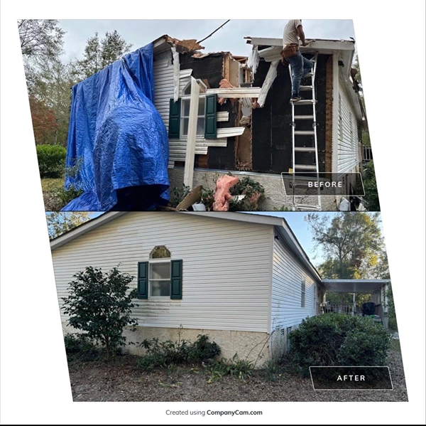 A home before and after storm damage restoration: torn siding and open framing on top, fully repaired and sided on the bottom